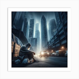 Depiction of a Homeless Man In The City Art Print