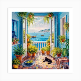 Open Window With Cat Matisse Style Amalfi Coast (3) 1 Art Print