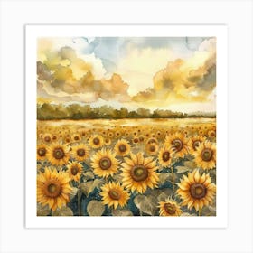 Sunflower Fields Watercolor Painting | A Field of Sunflowers in Kansas | Americana - At the Old Farmhouse | Home Sweet Home Idyllic Countryside Slow Living Nostalgic Art Print