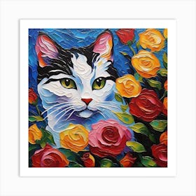 Cat With Roses Art Print