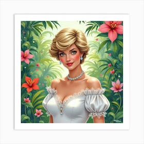 Elegant Princess Diana With A Lively Tropical Watercolor Garden Scene Art Print