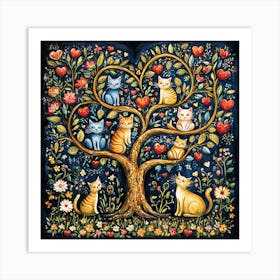 Folk Art Heart Tree Cat Climbing Artwork 10 Art Print