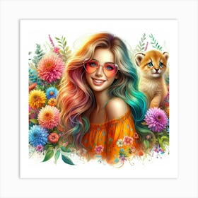 Girl With Cat And Flowers Art Print