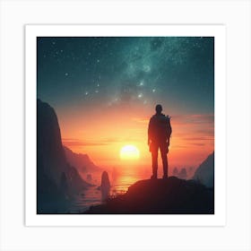 Man Standing On Top Of Mountain At Sunset Art Print