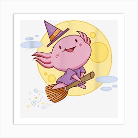 Funny Cute Axolotl Halloween Witch On Broomstick Art Print