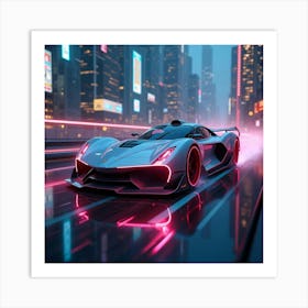 Sleek Futuristic Car With Glowing Edges, Flying Over A Neon Lit Urban Skyline 1 Art Print