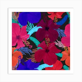 Cute Hibiscus And Tropical Leaves Vibrant Pattern Square Art Print