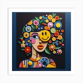 Fruit Salad: A Bright and Fun Collage of a Woman’s Face with a Smiley Emoji Eye Art Print