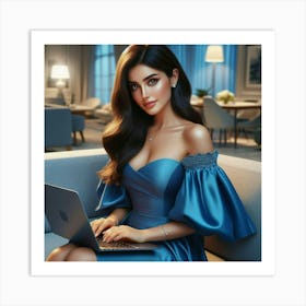 Beautiful Woman In Blue Dress Using Laptop 4 Art Print