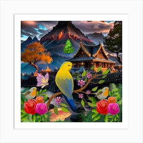 house with flowers and birds  Art Print