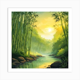 A Stream In A Bamboo Forest At Sun Rise Square Composition 181 Art Print