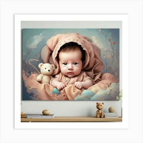 Baby Girl With Teddy Bear Art Print