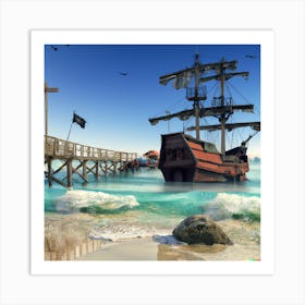 Ship by a pier Art Print