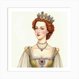 Elegant Queen Elizabeth I Depicted In Watercolor, With Historical Grace 1 Art Print