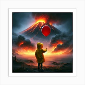 A Beautiful Day a boy wearing a yellow rain coat holding a red ballon, standing in front of a smokey volcano, digital art... Art Print