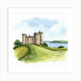 Watercolor Illustration Of The Lulworth Castle In Dorset, Showcasing Its Historic Charm And Scenic Beauty Art Print