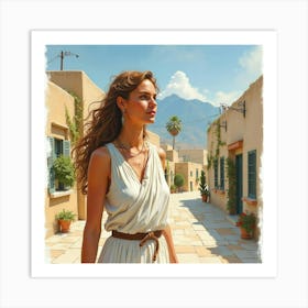 Watercolor Depiction Of A Greek Woman With Radiant Beauty Amidst A Classic Village Scene 1 Art Print