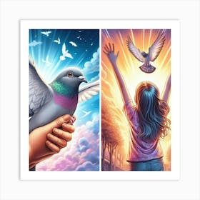 Pigeon And Girl Art Print