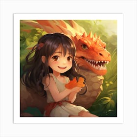 Cute Girl With A Dragon Anime 1 Art Print