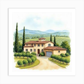 Rustic Tuscan Farmhouse In Watercolor, Set Amidst Rolling Vineyards And Hills 1 Art Print