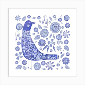 Scandinavian Bird And Flowers Blue and White Art Print