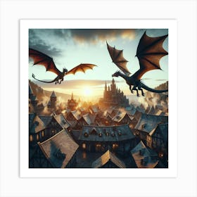 Dragons Flying At Sunset Art Print