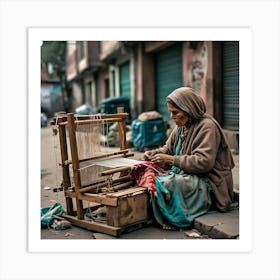 Old Woman Weaving Art Print