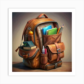 Brown Leather Backpack Full Of School Supplies Art Print