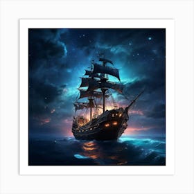 Pirate Ship At Night Art Print