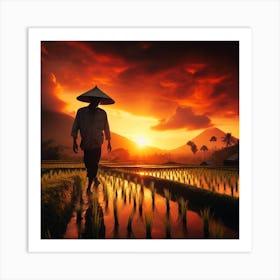 Asian Farmer In Rice Field At Sunset Art Print