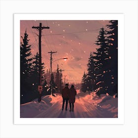 Couple Walking In The Snow Art Print