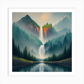 Waterfall In The Mountains Art Print