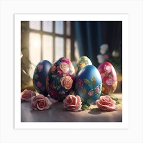 Blue and Red Painted Eggs with Miniature Roses Art Print