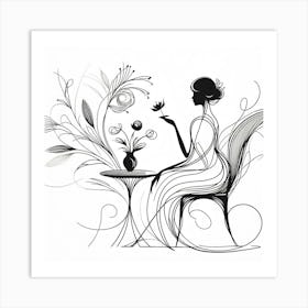 A Beauty Sitting At Table And Enjoy Flowers - Line Drawing Art Print