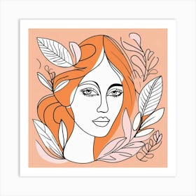 line art woman portrait in orange  Art Print