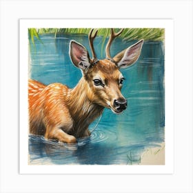 Deer In The Water 32 Art Print