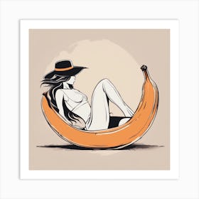 A Silhouette Of A Banana Wearing A Black Hat And Laying On Her Back On A Orange Screen, In The Style Art Print