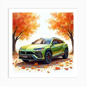 Lamborghini Urus Surrounded By Watercolor Autumn Leaves 1 Art Print