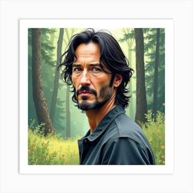 Watercolor Portrait Of Keanu Reeves In A Tranquil Forest Clearing Art Print