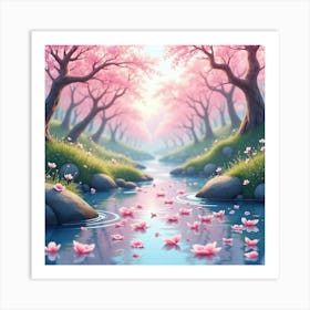 Cherry Blossom Petals Gently Floating On A Stream, Painted In Delicate Watercolor 1 Art Print