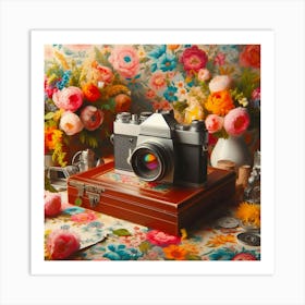 Vintage Camera And Flowers Art Print