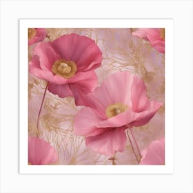 Seamless Pattern Of Elegant Poppy Floral Motifs In Pink, Adorned With Gold Lines Art Print