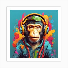 Monkey With Headphones Art Print