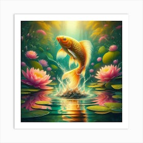 Golden Koi Fish Jumping out In The Pond Art Print