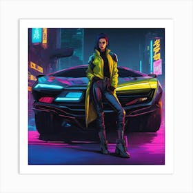 Cyberpunk Girl Standing Next To A Car Art Print