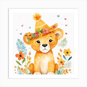 Floral Baby Lion Nursery Painting (18) Art Print
