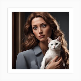 A Photorealistic Model With A Cat In Her Hand Looking In The Camera 748168013 Art Print