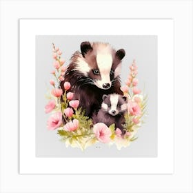 Watercolor Spring Mama And Baby Badgers Art Print