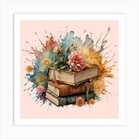 Best books and flowers on watercolor background 4 Art Print