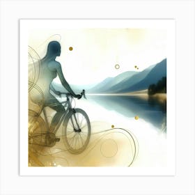 Cyclist Rest By A Lake Creative Drawing Art Print